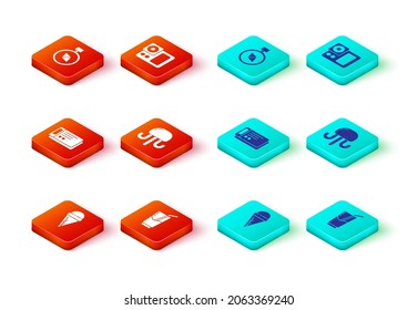 Set Ice cream in waffle cone, Cocktail and alcohol drink, Travel ticket, Jellyfish, Photo camera and Compass icon. Vector