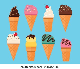 set of ice cream in waffle cone isolated vector illustration