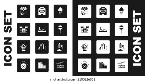 Set Ice cream in waffle cone, Bumper car, Castle, Fast street food cart, Lollipop, Circus ticket, Striker attraction with hammer and Ferris wheel icon. Vector