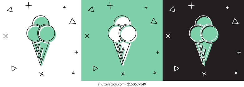 Set Ice cream in waffle cone icon isolated on white and green, black background. Sweet symbol.  Vector Illustration