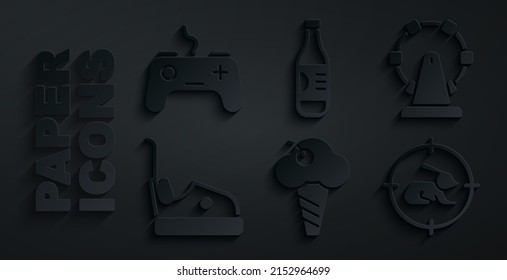 Set Ice cream in waffle cone, Ferris wheel, Bumper car, Hunt rabbit with crosshairs, Bottle of water and Gamepad icon. Vector