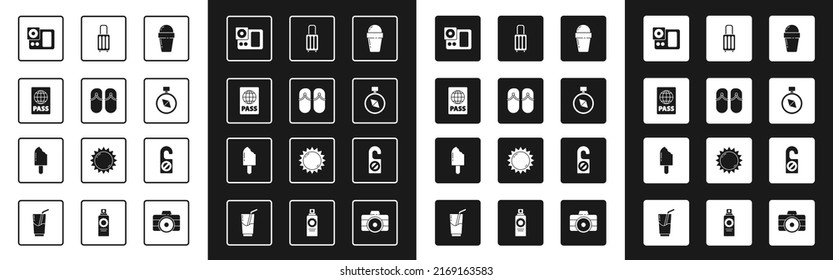 Set Ice cream in waffle cone, Flip flops, Passport, Photo camera, Compass, Suitcase, Please do not disturb and  icon. Vector