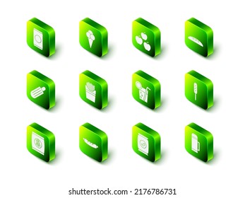 Set Ice cream in waffle cone, Apple, Bread loaf, Corn dog, Thermos container, Cocktail, Bag packet potato chips and Hotdog sandwich icon. Vector