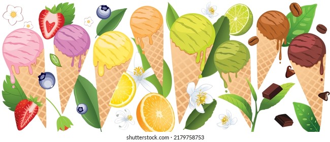 Set of ice cream in waffle cone with leaves and flowers isolated on white background.