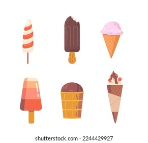 Conjunto de helados, conos de Waffle, popsicle, hielo de frutas o helado de yogur. El postre cremoso dulce de varios sabores en la Copa Wafer y las mechas aisladas en el fondo blanco. Ilustración de vectores de dibujos animados, iconos