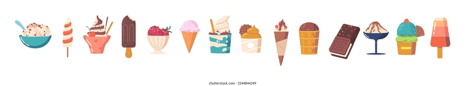 Set of Ice Cream, Waffle Cone, Popsicle, Gelato or Sandwich. Sweet Creamy Dessert Of Various Flavors With Sprinkles And Toppings. Chocolate, Fruit Ice Or Yogurt Icecream Isolated Vector Icons