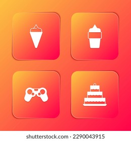 Set Ice cream in waffle cone, , Gamepad and Cake with burning candles icon. Vector