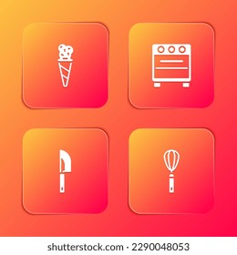 Set Ice cream in waffle cone, Oven, Knife and Kitchen whisk icon. Vector