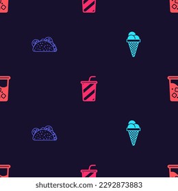 Set Ice cream in waffle cone, Taco with tortilla, Glass water and  on seamless pattern. Vector