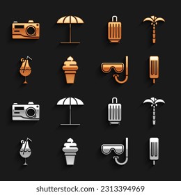 Set Ice cream in waffle cone, Tropical palm tree, Diving mask and snorkel, Cocktail alcohol drink, Suitcase, Photo camera and Sun protective umbrella for beach icon. Vector