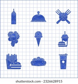 Set Ice cream in waffle cone, Taco with tortilla, Paper glass and water, drinking straw burger, Burger french fries carton package box, Sandwich, Crossed fork and Sauce bottle icon. Vector