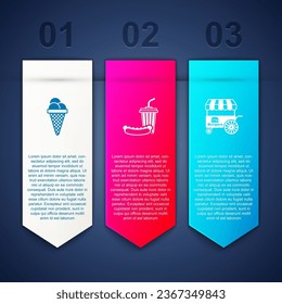 Set Ice cream in waffle cone, Soda and hotdog and Fast street food cart. Business infographic template. Vector