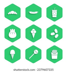 Set Ice cream in waffle cone, Lollipop, Potatoes french fries box, Chicken nuggets, Khinkali cutting board, Paper glass with straw and Croissant icon. Vector