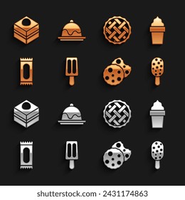 Set Ice cream, in waffle cone, Cookie or biscuit, Candy, Homemade pie, Brownie chocolate cake and Cake icon. Vector