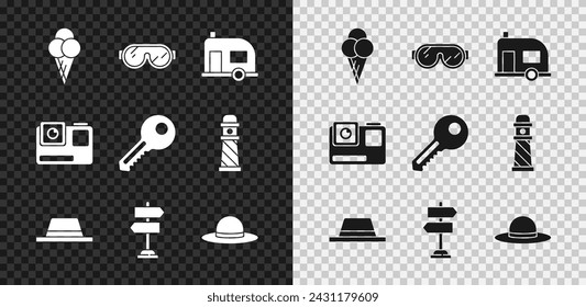 Set Ice cream in waffle cone, Ski goggles, Rv Camping trailer, Man hat with ribbon, Road traffic sign, Elegant women, Action extreme camera and Key icon. Vector