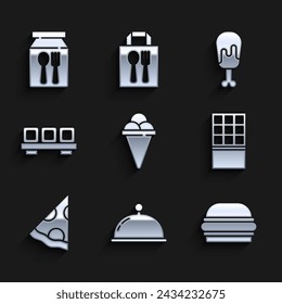 Set Ice cream in waffle cone, Covered with tray, Burger, Chocolate bar, Slice of pizza, Sushi cutting board, Chicken leg and Online ordering and delivery icon. Vector