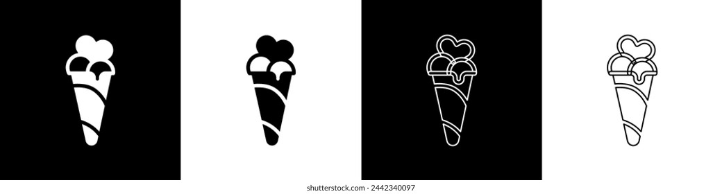 Set Ice cream in waffle cone icon isolated on black and white background. Sweet symbol.  Vector