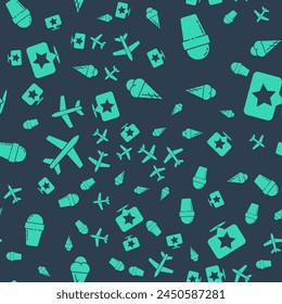 Set Ice cream in waffle cone, Ice cream in waffle cone, Plane and Map pointer with star on seamless pattern. Vector