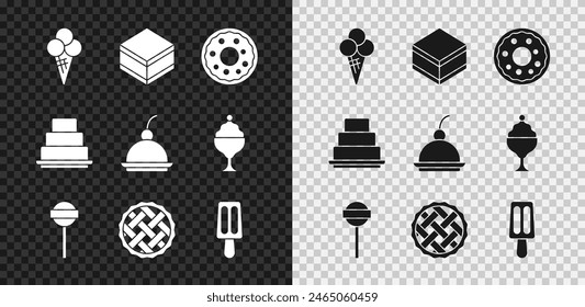 Set Ice cream in waffle cone, Brownie chocolate cake, Donut, Lollipop, Homemade pie, Cake and Cherry cheesecake icon. Vector