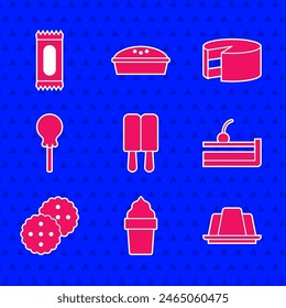 Set Ice cream, in waffle cone, Jelly cake, Cherry cheesecake, Cookie or biscuit, Lollipop, Cake and Candy icon. Vector