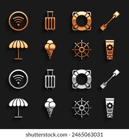 Set Ice cream in waffle cone, Paddle, Sunscreen tube, Ship steering wheel, protective umbrella for beach, Lifebuoy, Wi-Fi wireless internet network and Suitcase icon. Vector