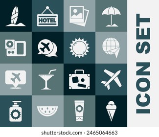 Set Ice cream in waffle cone, Plane, Globe with flying plane, Photo, Speech bubble airplane, camera, Surfboard and Sun icon. Vector