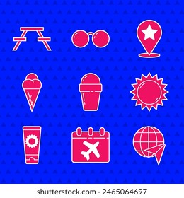 Set Ice cream in waffle cone, Calendar and airplane, Globe with flying, Sun, Sunscreen tube, Map pointer star and Picnic table benches icon. Vector