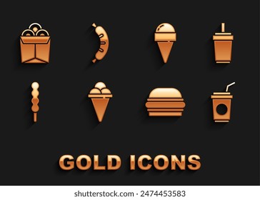 Set Ice cream in waffle cone, Paper glass with straw, Burger, Lollipop, Noodles box and Hotdog icon. Vector