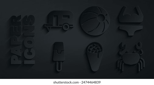 Set Ice cream in waffle cone, Swimsuit, Crab, Beach ball and Rv Camping trailer icon. Vector