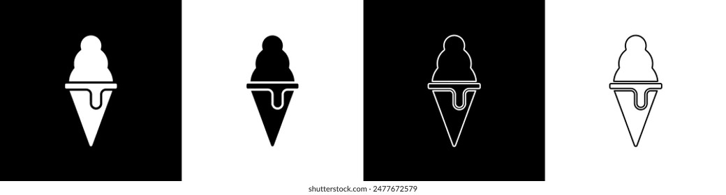 Set Ice cream in waffle cone icon isolated on black and white background. Sweet symbol.  Vector