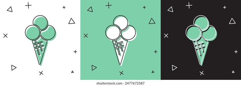 Set Ice cream in waffle cone icon isolated on white and green, black background. Sweet symbol.  Vector