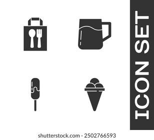 Set Ice cream in waffle cone, Online ordering and delivery,  and Wooden beer mug icon. Vector