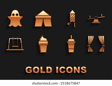 Set Ice cream in waffle cone, Seesaw, Curtain, Paper glass with drinking straw and water, Swing, Firework rocket, Ghost and Circus tent icon. Vector