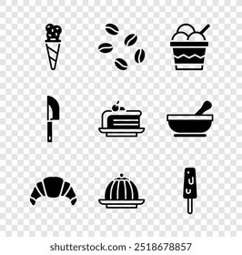 Set Ice cream in waffle cone, Coffee beans, bowl, Croissant, Pudding custard, Knife and Piece cake icon. Vector