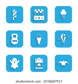 Set Ice cream in waffle cone, Ticket box office, Jester hat with bells, Hot air balloon, Ghost, Weight,  and Firework rocket icon. Vector