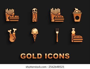 Set Ice cream in waffle cone, Popcorn cardboard box, Bottle of water and burger, Fork, Chicken leg, Burger french fries carton package,  and Doner kebab icon. Vector