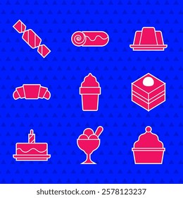 Set Ice cream in waffle cone, bowl, Cake, Brownie chocolate cake, with burning candles, Croissant, Jelly and Candy icon. Vector