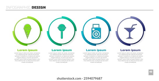 Set Ice cream in waffle cone, Lollipop, Photo camera and Martini glass. Business infographic template. Vector