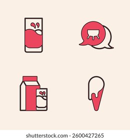 Set Ice cream in waffle cone, Glass with milk, Udder and Paper package for kefir icon. Vector