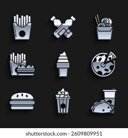 Set Ice cream in waffle cone, Popcorn cardboard box, Paper glass and taco with tortilla, Pizza, Burger, french fries carton package, Asian noodles paper chopsticks and Potatoes icon. Vector