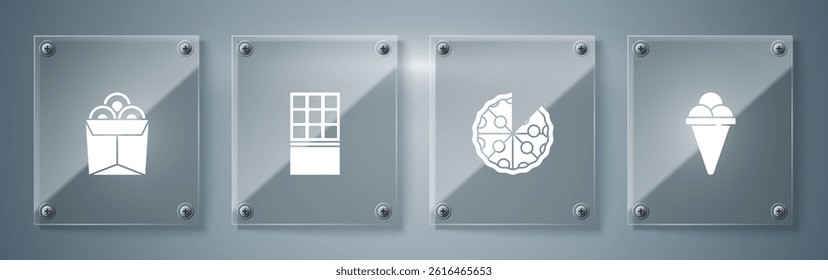 Set Ice cream in waffle cone, Pizza, Chocolate bar and Noodles box. Square glass panels. Vector