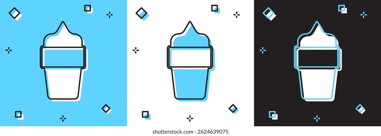 Coloque o sorvete no ícone de cone de waffle isolado no fundo azul e branco, preto. Doce símbolo.  Vetor