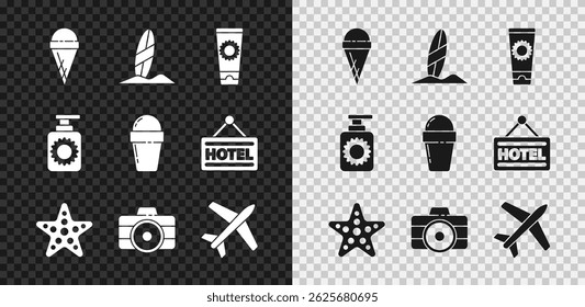 Set Ice cream in waffle cone, Surfboard, Sunscreen tube, Starfish, Photo camera, Plane, spray bottle and  icon. Vector