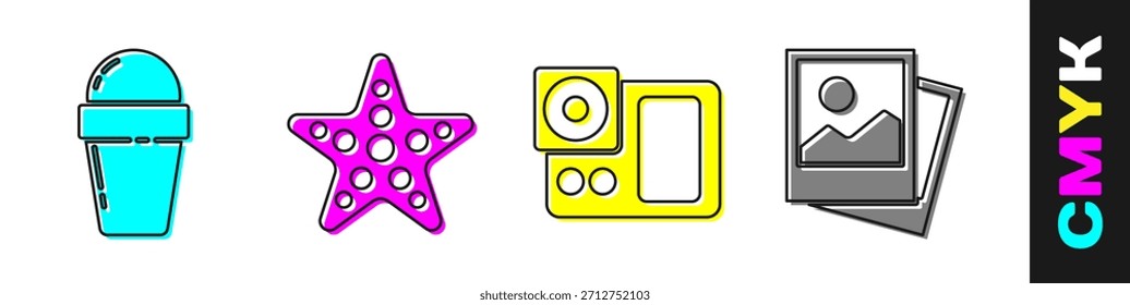 Conjunto de helado en cono de waffle, estrella de mar, cámara de fotos e icono de foto. Vector