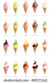 Set of ice cream in a waffle cone with different tastes. Ice cream strawberry, banana, kiwi, chocolate and vanilla, poured glaze, sprinkle with nuts and candied fruit. Vector illustration