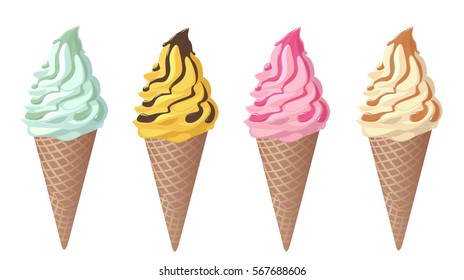 Set of ice cream in a waffle cone pistachio lemon mint orange strawberry cherry vanilla cream caramel syrup poured chocolate sauce jam. vector illustration