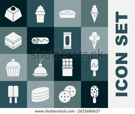 Set Ice cream, in waffle cone, Homemade pie, Chocolate roll cake, Brownie chocolate,  and Candy icon. Vector