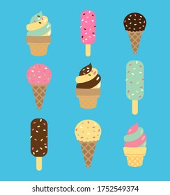Set ice cream in waffle cones isolated on blue background