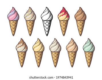 Set of ice cream in waffle cones. Vector illustration in retro style. Different flavors and colors