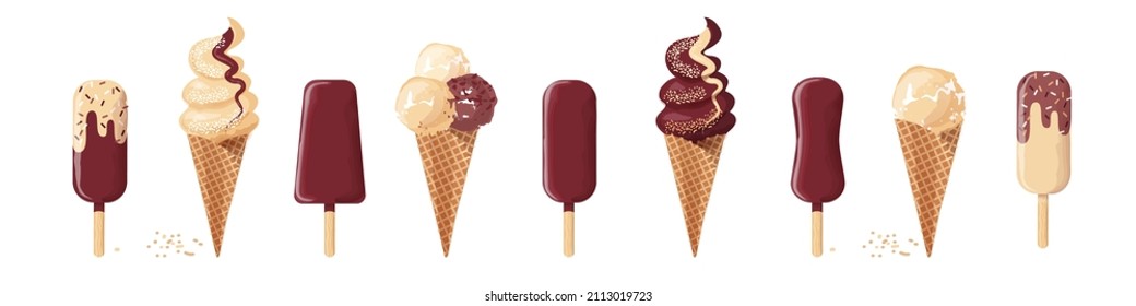set of ice cream in waffle cones and popsicle isolated on a white background. ice cream drawing 
with textures and watercolor effect. stock vector illustration. EPS 10.